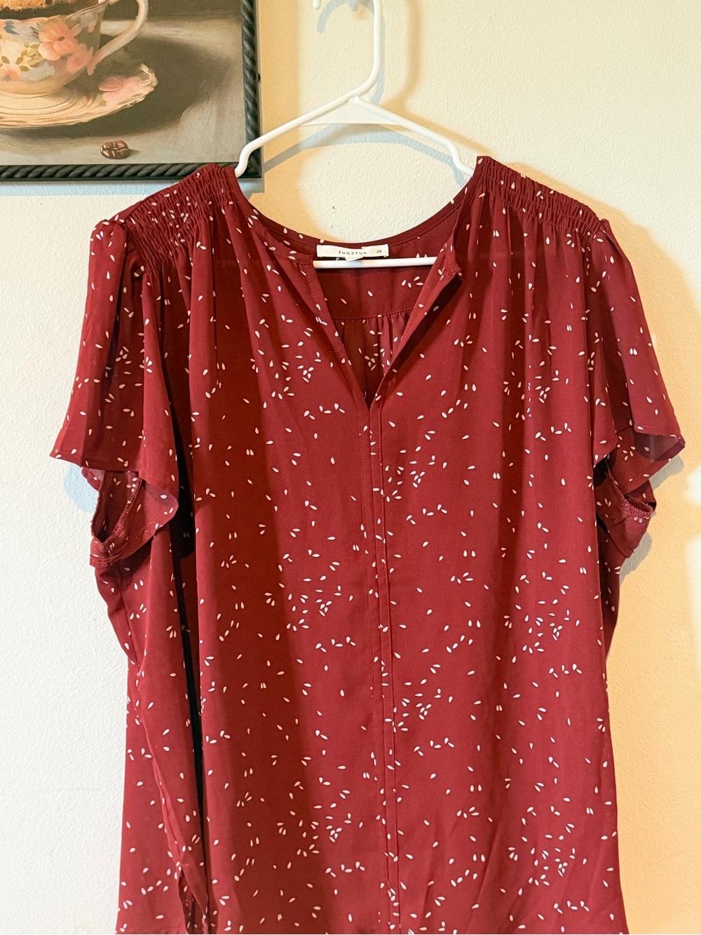 Fun2Fun Rust Brown V-Neck Printed Polyester Blouse Top 2X